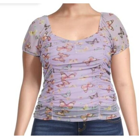 No Boundries Tops - Y2K 90's Inspired Lavender Butterfly Print Sheer Meshed Ruched Top Size XXXL